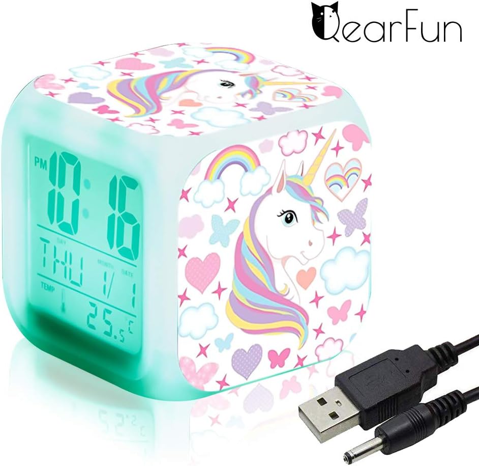 Unicorn Digital Alarm Clocks for Girls, LED Night Glowing Cube LCD Clock with Light Children Wake Up Bedside Clock…