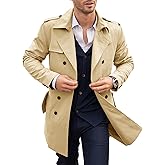 PASLTER Mens Trench Coat Notched Lapel Double Breasted Long Jacket Windbreaker Overcoat Pea Coat