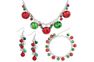 NEWZENRO Silver Red Green Christmas Jingle Bell Cute Ornament Long Chain Dangle Earrings Bracelets Necklaces for Women Teen Girls Hook Stocking Stuffers Hypoallergenic Party Jewelry Gifts for Daughter BFF Set