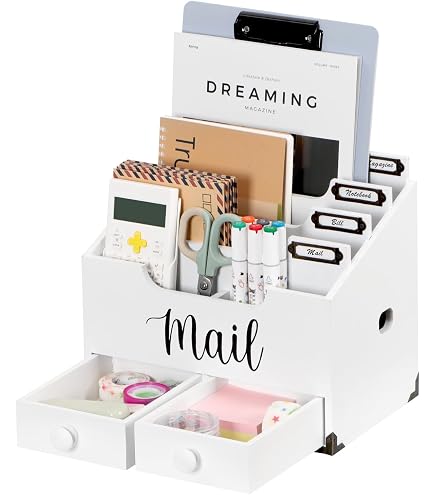 EXQUIDECA Rustic Wooden Mail Organizer With Drawer - Desktop Sorter For Letters, Files, Pens & Stationery - Farmhouse Office Desk Accessory (11.5"L X 4"D X 7"H) - View #4