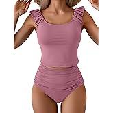 Eomenie Tankini Swimsuits for Women Ruched Tummy Control Bathing Suits Two Piece Swim Tank Top with High Waisted Bottom