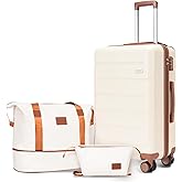 Voytra 3-Piece Luggage Set with 20” Carry On, PC+ABS Hardside Suitcase with Spinner Wheels & TSA Lock, Easy-Control Rolling Suitcase for Business Trips & Weekend Getaways (20/TB/DB Beige)