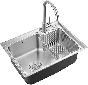 Fregadero de cocina de tazón cuadrado con colador y escurridor, tubos