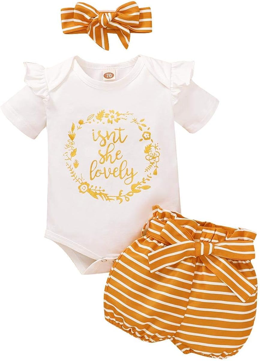 Isn't She Lovely Newborn Baby Girls Coming Home Outfit Ruffle Romper Shorts Pants Headband 3PCS Summer Clothes Set