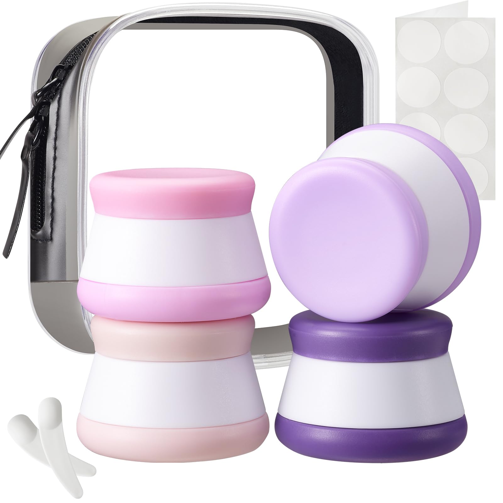 INSFIT Travel Containers for Toiletries, CAA Approved Silicone Cream Jars, Travel Size Containers with Lids, 4PCS BPA Free Leakproof Airplane Accessories for Liquid Lotion with Labels Mini Spatulas