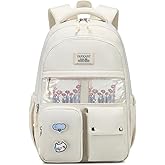 VANKANY Girls Backpack for School, Cute Teens Bookbag Large Capacity for Middle High School College Women Laptop Backpack with Accessories, Beige