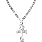 Ankh Cross Pendant Necklace for Women Men 14K Silver Tone Stainless Steel Cross Pendant with 3mm Wheat Chain Necklace 20"+2"