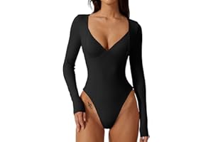 QINSEN Women's Long Sleeve Bodysuit V Neck Body Suits Seamed Cup Going Out Tops Shirt