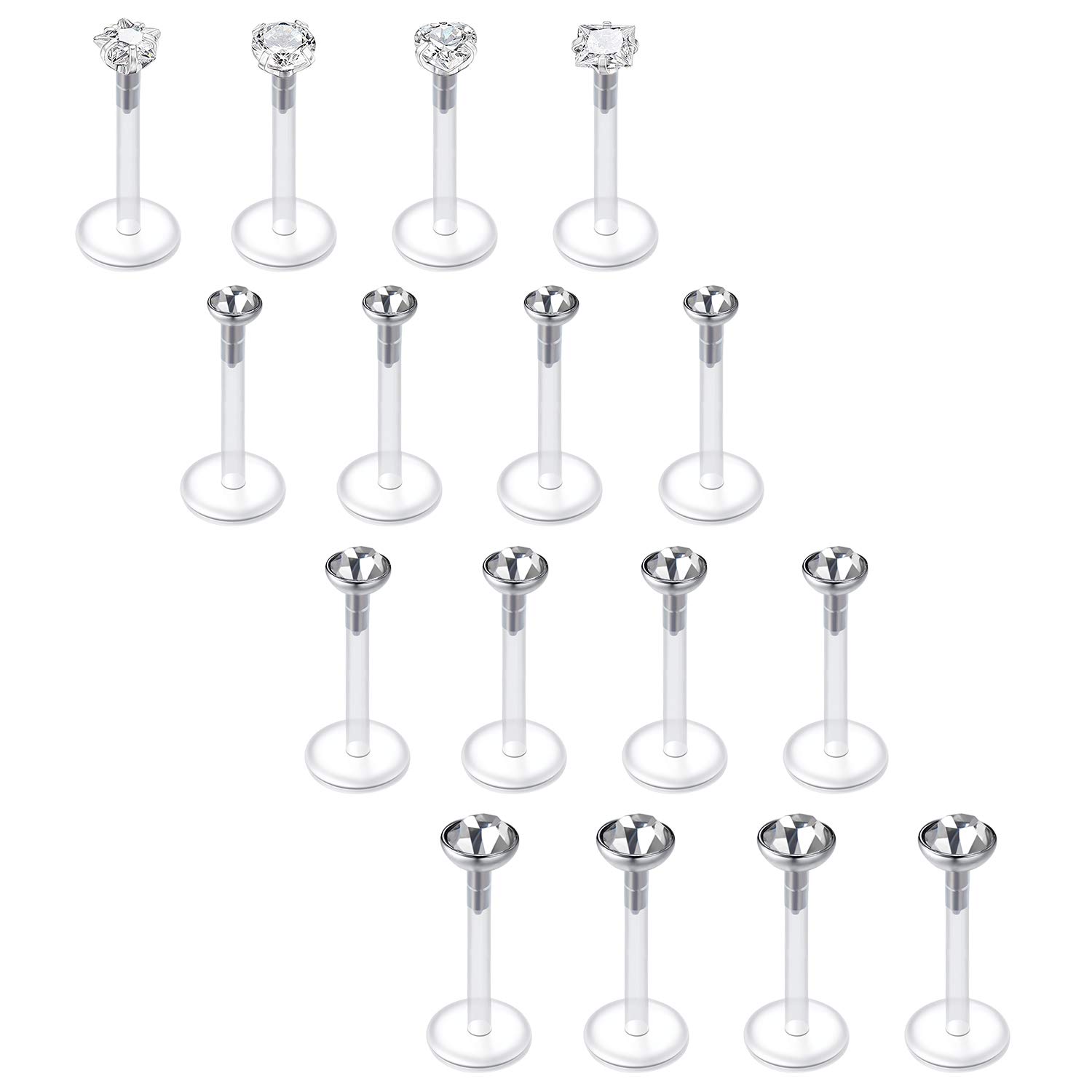 Briana Williams 16pcs Clear Lip Labret Bars Studs Retainers Bioflex 16G Medusa Crystal Opal 6/8/10mm Piercing Jewellery