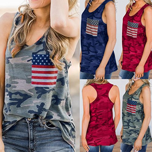 Besooly Women American Flag Tanks, Flag Print Camouflage Tops Vest Sleeveless T-Shirt Blouse (L, Green) - Thumbnail 3