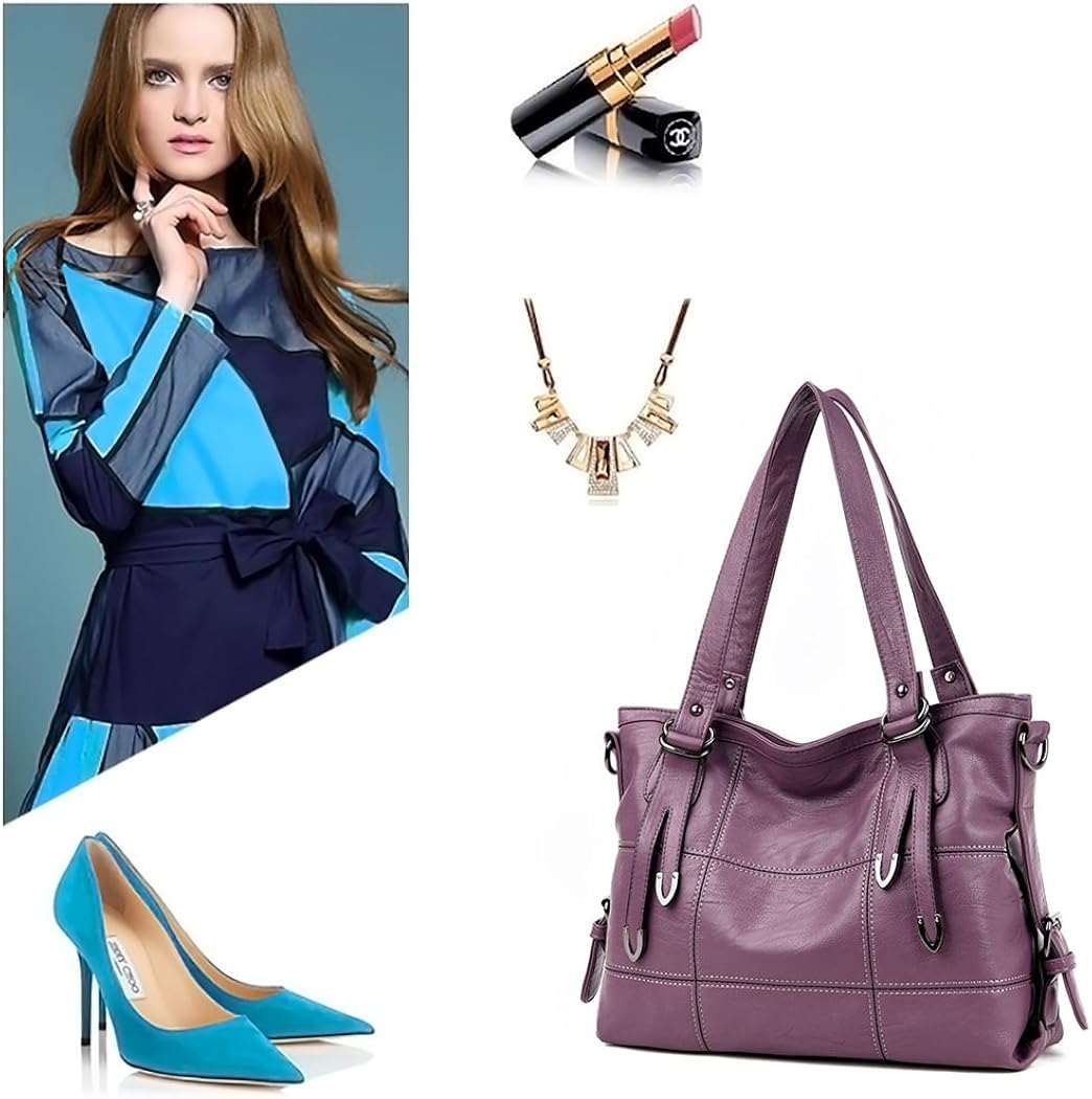 DEERWORD Women's Hobos Shoulder Bags Totes Satchels PU Leather Convertible Top-handle Handbags Purple - Image 3