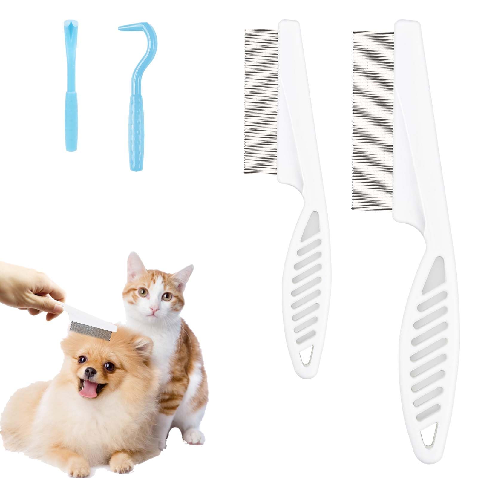 Photo 1 of 2pcs Pet Combs & 2pcs Tick Removal Tool, Fine-Tooth Flea Comb Tear Stain Removal Multifunctional Magic Pet Hair Cleaning Grooming Tools with Stainless Steel Teeth for Cats and Dogs