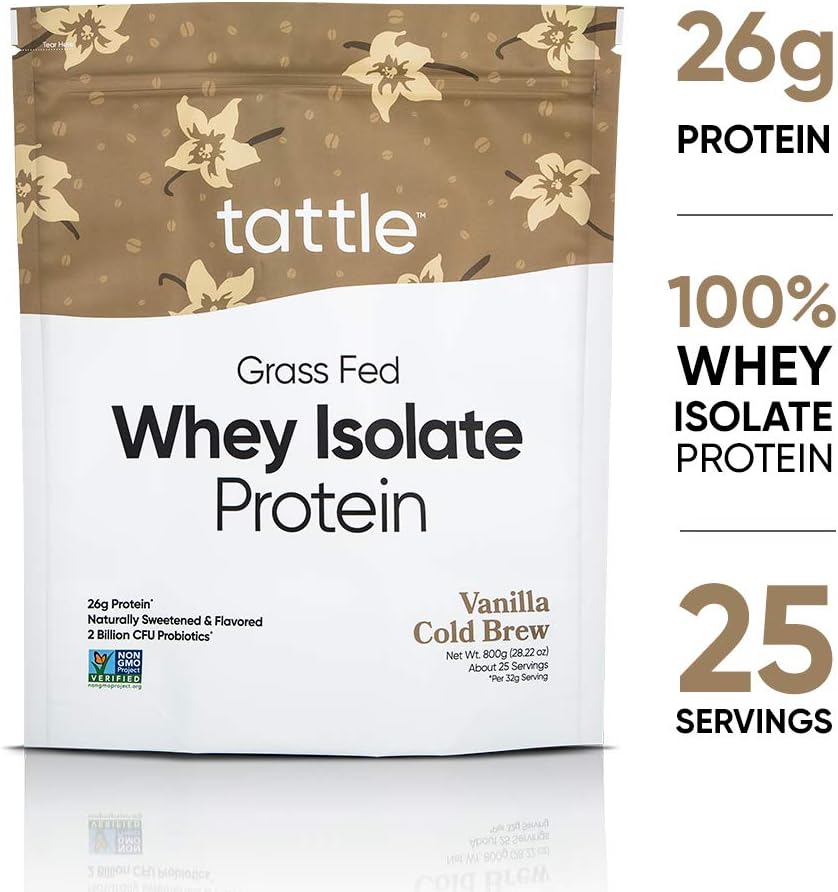 Tattle Grass Fed Whey Protein Isolate Powder - Non-GMO, Natural Flavors & Sweeteners, Turmeric & Tart Cherry for Anti-Inflammation, Gluten & Soy Free, No Sugar Added (Vanilla Cold Brew, 25 Serve)