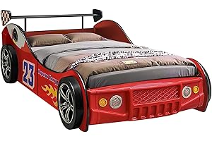 LKTART Twin Size Car Bed for Kids, Race Car-Shaped Wooden Platform Bed Frame with Headboard Wheels and Support Slats for Boys Toddlers Child's Bedroom (Red)