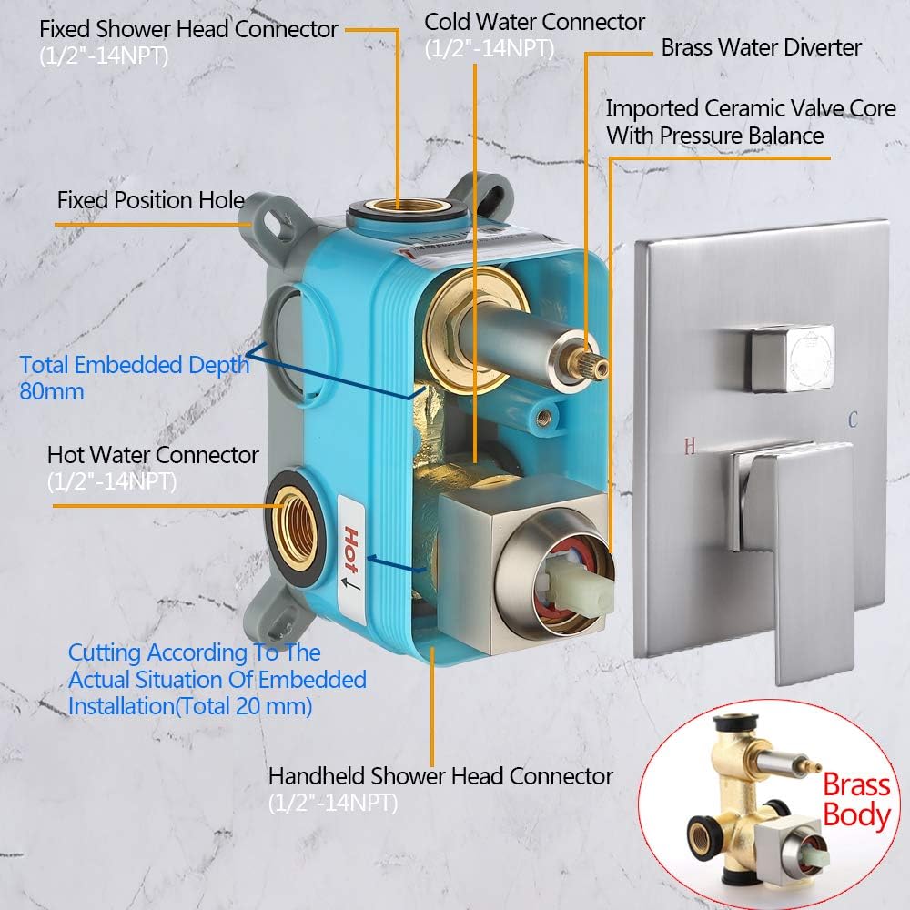 Rugus Shower System，Luxury Rain Mixer Shower Tub Spout Combo Set Wall Mounted Rainfall Shower Head System，10 Inch Square Rain Shower Head, Brushed Nickel Shower faucet rough-in valve body and trim - - 