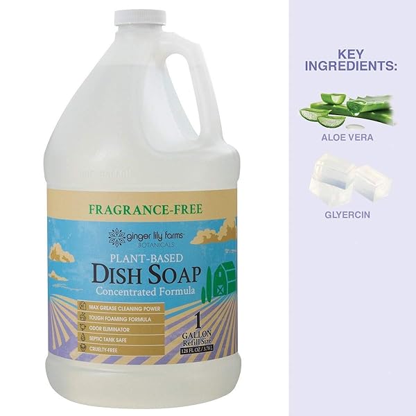 GINGER LILY FARMS BOTANICALS PLANT-BASED LIQUID DISH SOAP, CONCENTRATED FORMULA WITH MAX GREASE CLEANING POWER, CRUELTY-FREE, FRAGRANCE-FREE, 1 GALLON REFILL (128 FL. OZ.), CLEAR