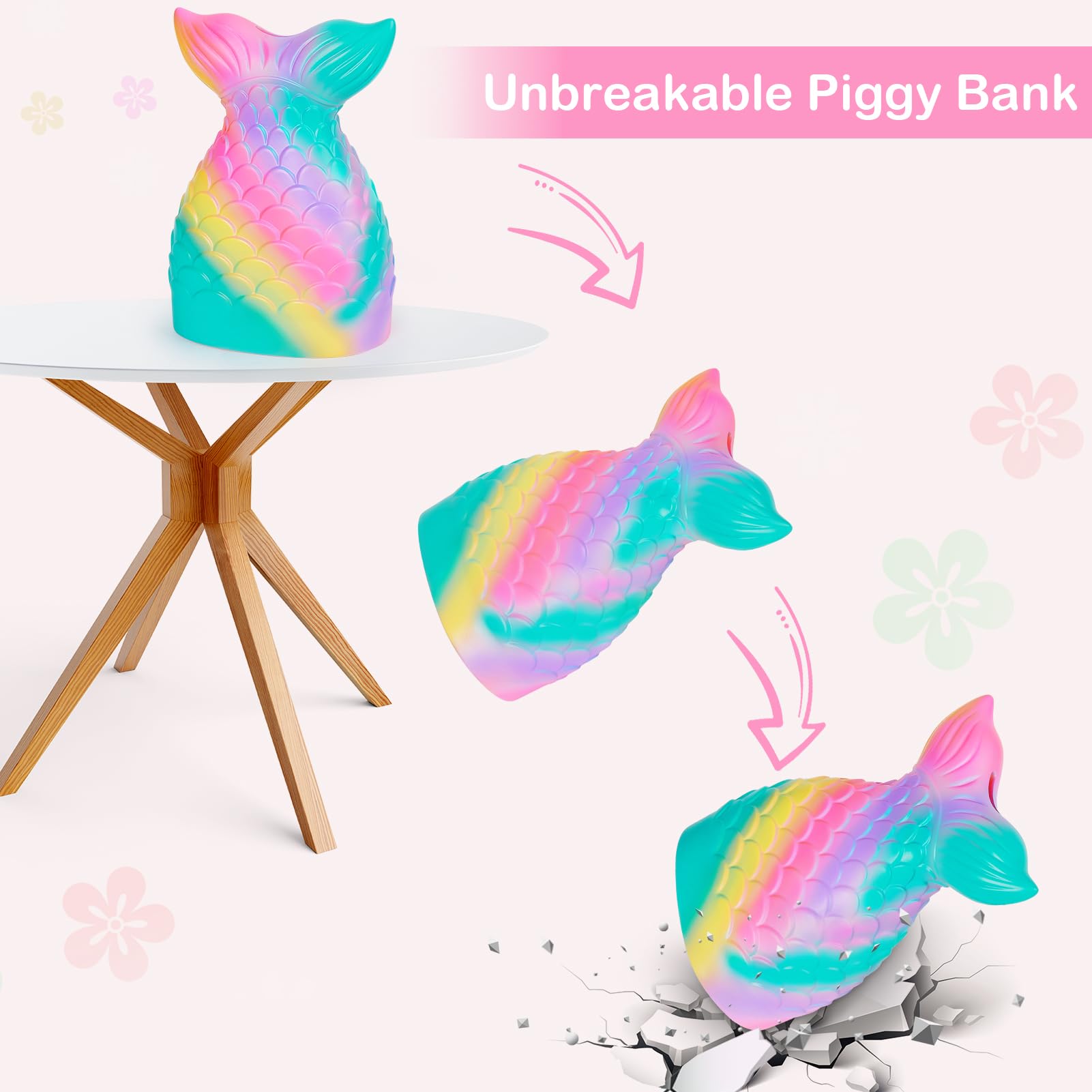 MHJY Piggy Bank Unbreakable Coin Bank Mermaid Money Bank with DIY Stickers Home Decor Birthday Easter, Rainbow