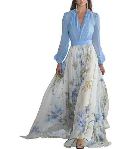Esmube Dresses for Women Deep Sexy V Neck Chiffon Dress Elegant Boho Floral Long Sleeve Flowy Summer Pleated Maxi Dress Blue : Clothing, Shoes & Jewelry