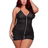 Plus Size Sheer Stretch Mesh Babydoll Dress Zipper Shirring Halter Chemise Curvy Sexy Lingerie for Women