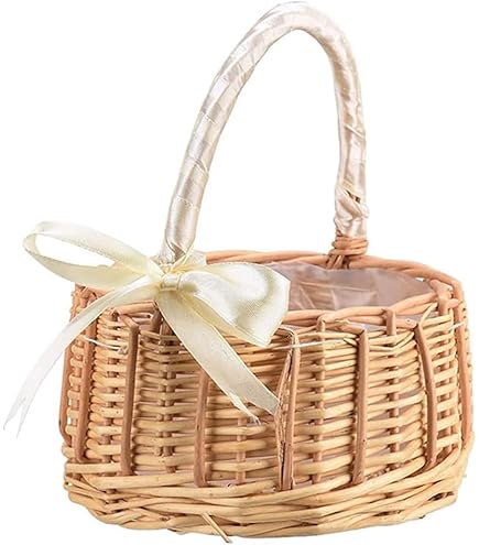 2 Pcs Picnic Basket With Handle,Wicker Rattan Flower Girl Basket