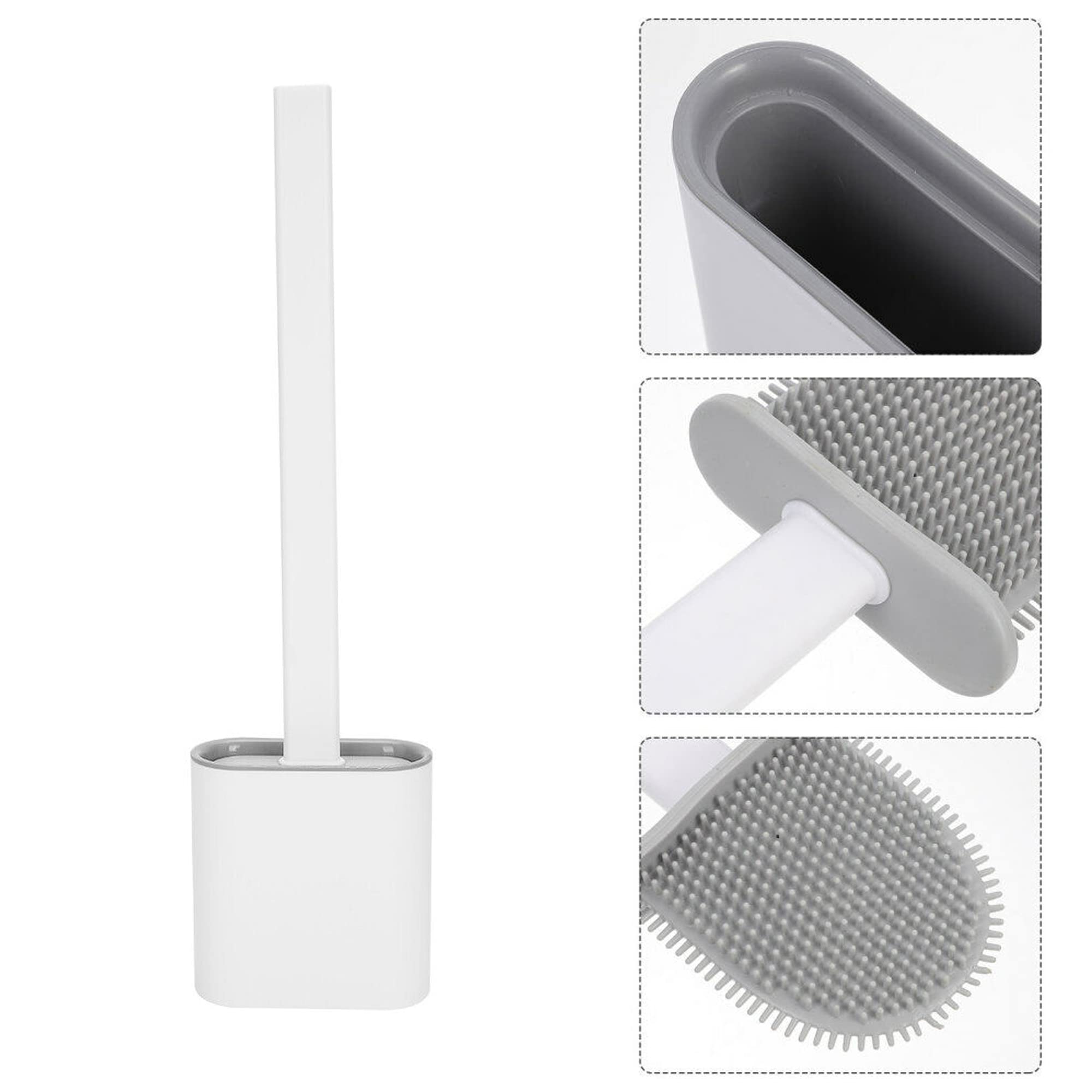 Plastic Toilet Brush and Holder Set, Silicon Bristle Toilet Brush With Drying Holder, Free Standing, Bendable bristle Brush Set for Bathroom Cleaning (White - Design 1-36.5 * 9.8 * 4.3cm)