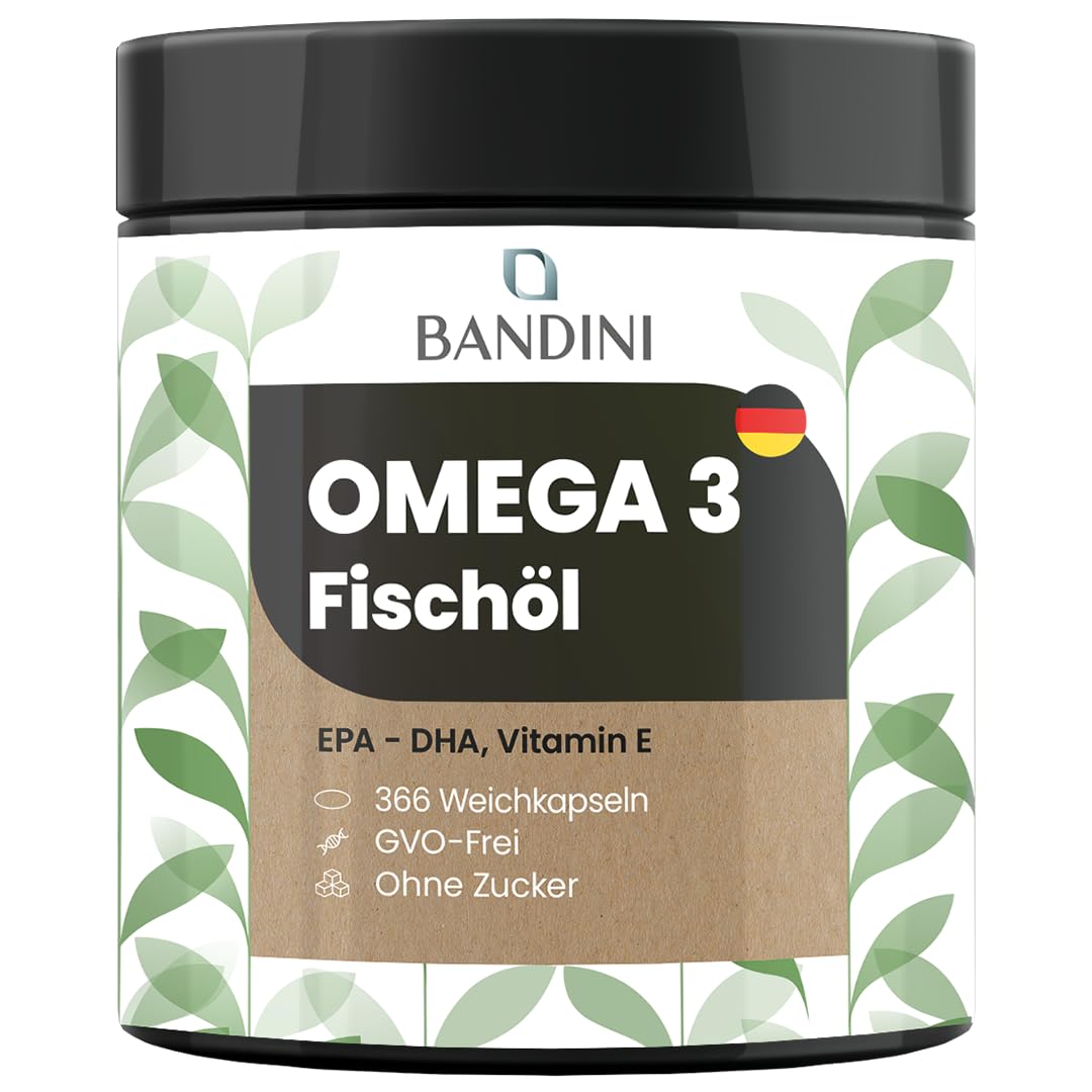 Bandini® Omega 3 | 366 Softgels, 2000 mg reines Fischöl mit 600mg bioaktiven Triglyceriden EPA und DHA | Fettsäuren für Herz und Gehirn | 2 Softgels/Tag für 6 Monate Versorgung | hochdosiert, GMO-frei