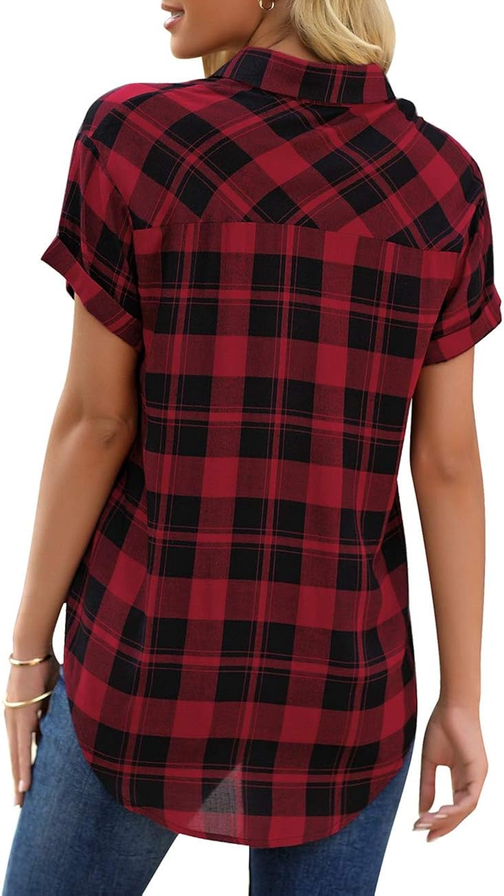 Uqnaivs Women's Classic Short Sleeve Plaid Shirt Button Down Collared Loose Tops: Clothing