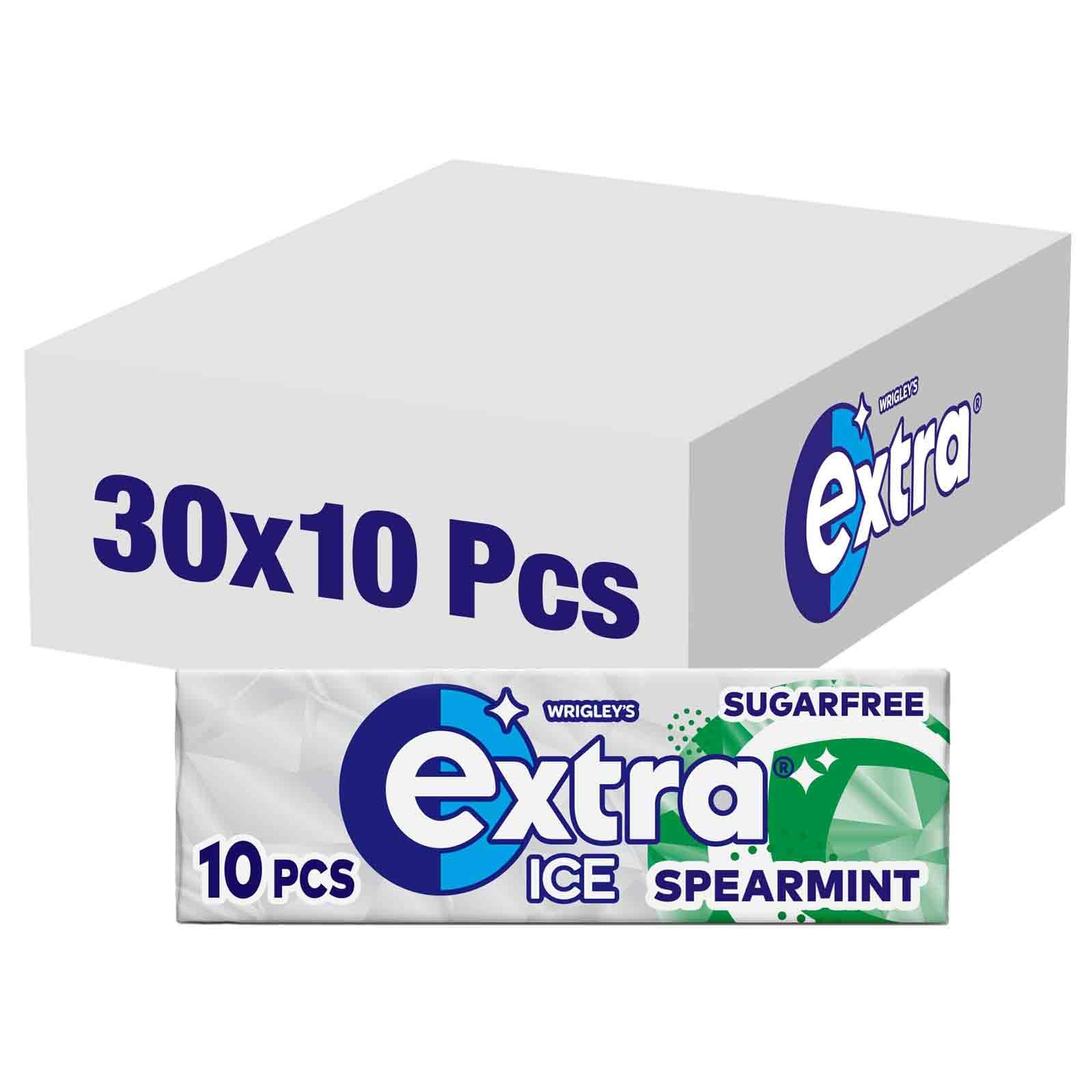 Wrigley's Extra Ice Chewing Gum, Ice Spearmint Flavour with Microgranules, 30 Packs of 10 pieces, Sugar Free Bulk Pack Gum with Xylitol (300 pieces).