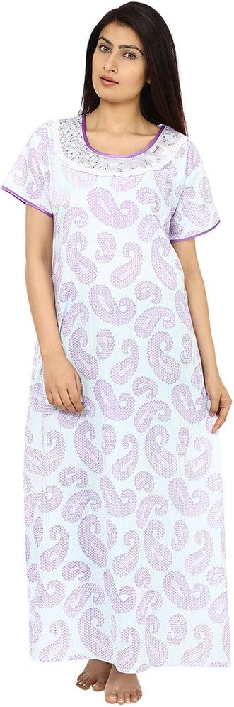 Saashiwear Women's Nightgown Cotton Printed Embroidered Ethnic Indian Maxi Kaftan