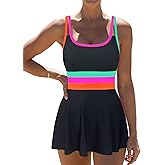 popvil Women One Piece Swimsuit 2026 Tummy Control Bathing Suit Neon Modest Swim Dress with Skirt Full Coverage