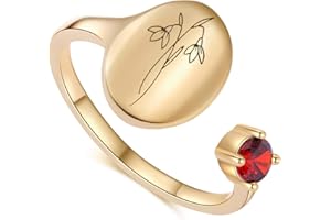 SLOONG Handmade Birth Month Flower Signet Ring 14K Gold Plated Ring Birth Stone Ring Birthday Valentine's Christmas Gift for Mom Daughter Girlfriend Wife