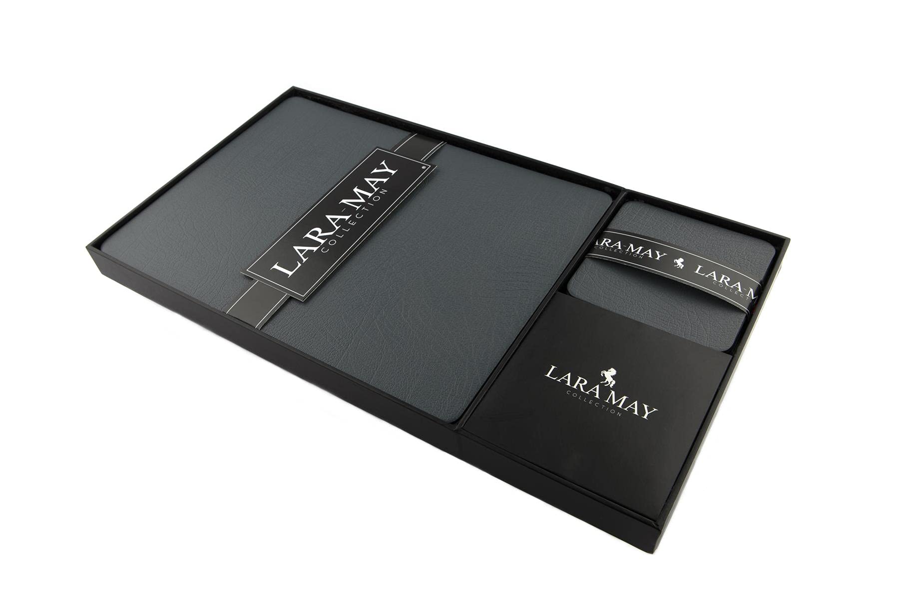 Sets of 4 Slate Grey Recycled Leather Placemats (28cm x 21cm) and 4 Recycled Leather Coasters. Made in The UK by Lara-May.