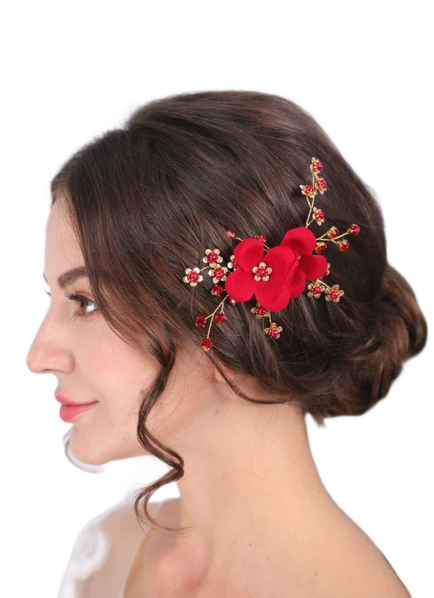 Sither Red Hair Clip for Bridal Floral Hair Comb for Women Wedding Hair Accessories for Bride Hair Clip Headpiece for Wedding Party Prom Gift