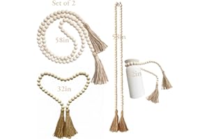 FASHION MODERN WORLDLYDA WORLDLYDA Wood Bead Garland with Tassels 58in/32in Farmhouse Wood Beads Rustic Country Decor Prayer Boho Beads Versatile Wall Hanging Home Deco (Natural 58in+32in)