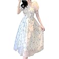 QNNGXX Women's Sexy Black Dress Floral Long Puff Sleeve Chiffon Dress Casual Mini Dress