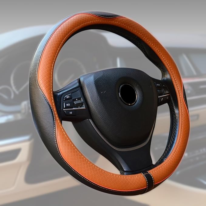 ECLEAR Car Steering Wheel Cover Genuine Leather, Universal 15 inch/38CM