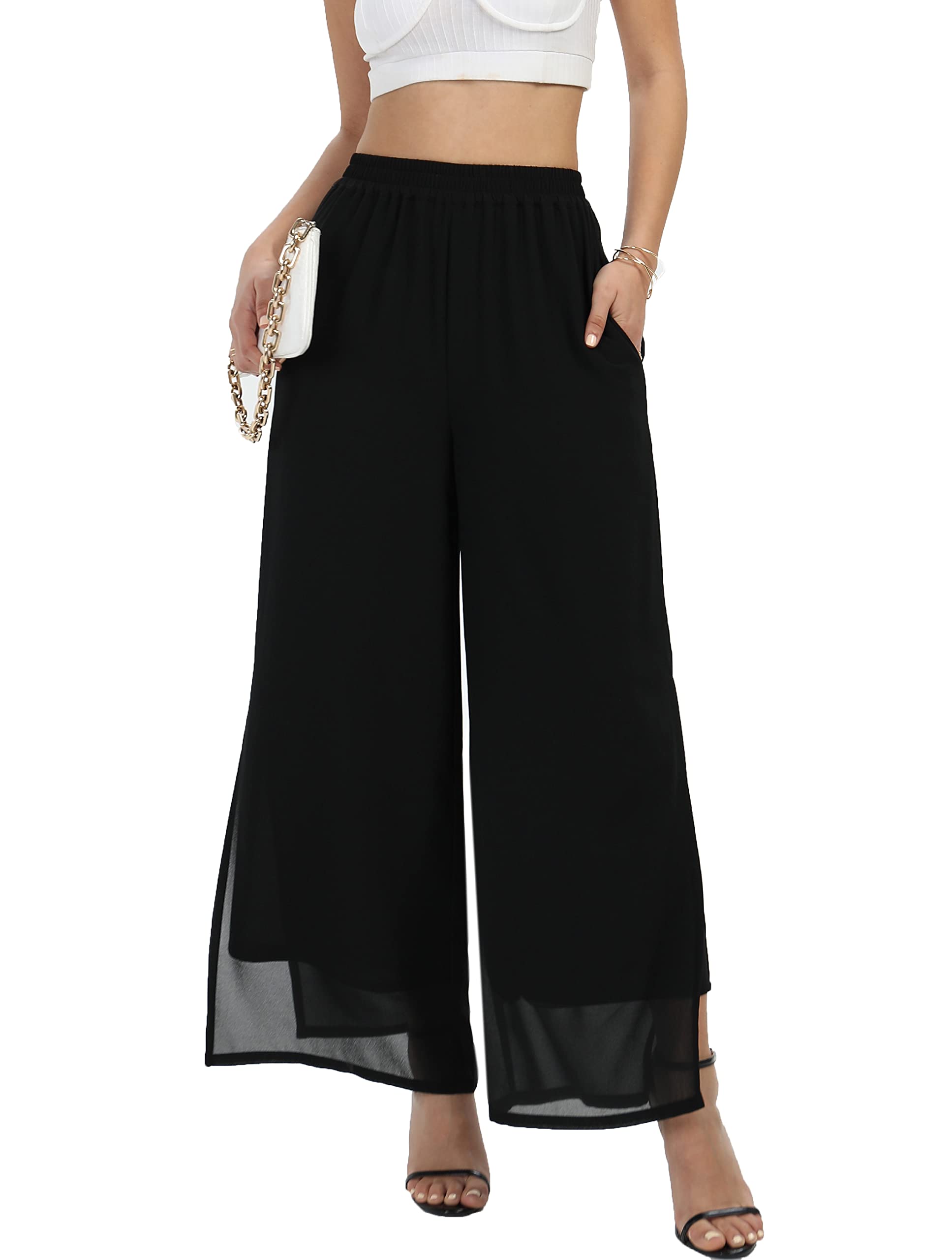 Photo 1 of Women's Wide Leg Chiffon Dress Palazzo Pants Casual Split Hem Summer Trousers Party Club Pant size small
