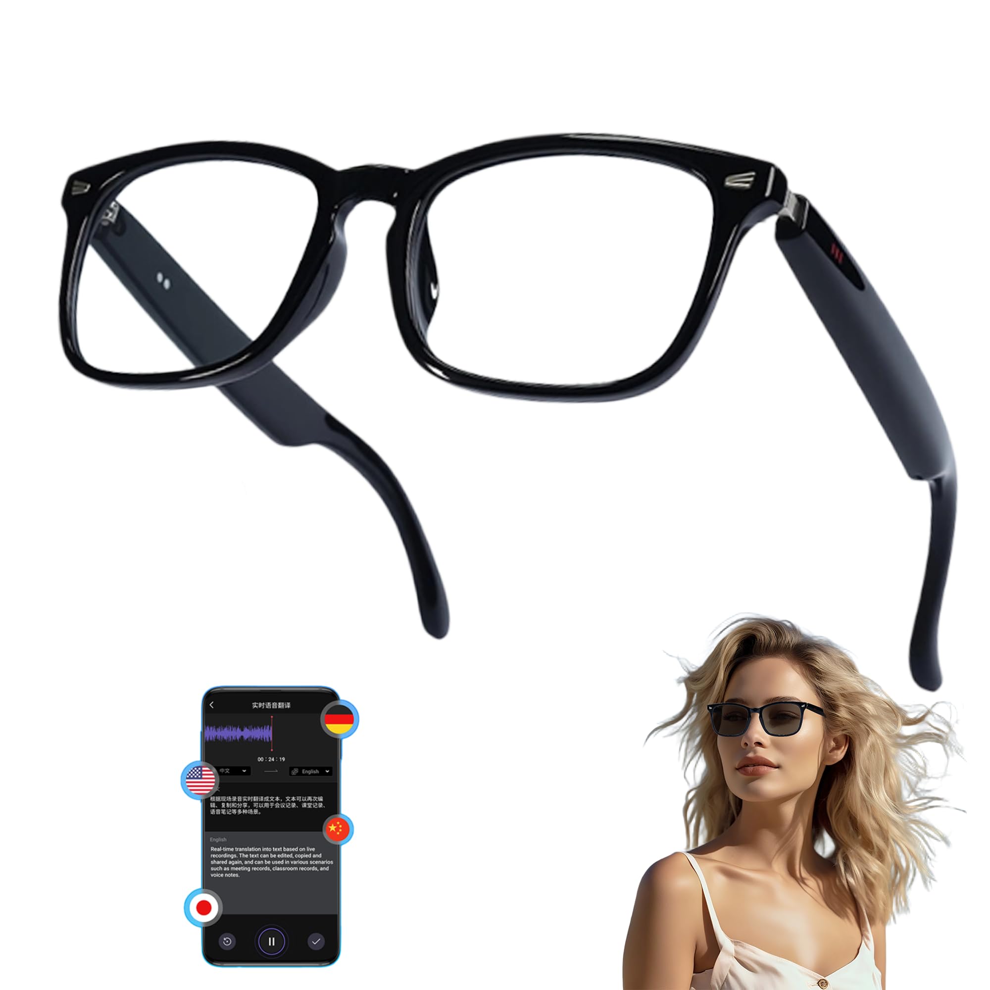 Photo 1 of **without charger, need to clean** MNVOEQ AI Smart Wireless Bluetooth Translation Glasses for Men/Women with Speakers/Bluetooth&140+ Languages Translation Sports/Travel/Drive/Busniess (C3+AI+Color Change Lenses+Black)