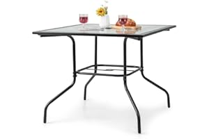 Tangkula 35 Inch Patio Bistro Table with 1.5” Umbrella Hole, Tempered Glass Top Outdoor Indoor Dining Table with Heavy-duty Metal Frame, Square Coffee Table for Living Room, Garden, Backyard, Poolside