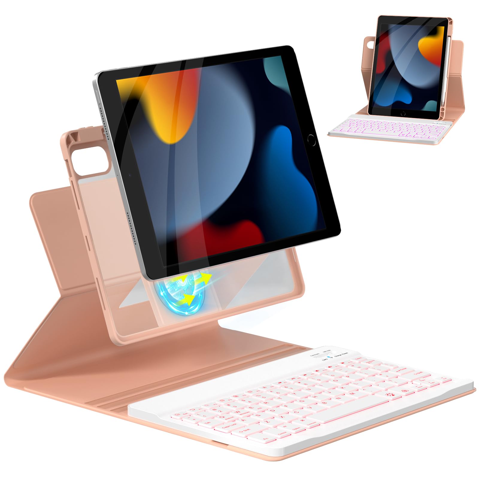 Photo 1 of OPAKIT Magnetic Keyboard Case for iPad 9th/8th/7th Generation 10.2 inch, iPad Pro 10.5-inch Air 3rd Case with Pencil Holder, 7 Color Backlight BT Keyboard (2021/2020/2019/2017), Pink