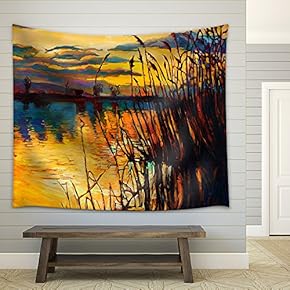 Original Oil Painting Showing Beautiful Lake,Sunset Landscape.Fern(Rush),Sky and Clouds - Fabric Wall Tapestry Home Decor - 51x60 inches