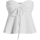 Milumia Women Tie Front Ruched Tube Top Summer Strapless Flared Hem Peplum Bandeau Tops