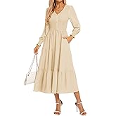 Kate Kasin Womens Long Sleeve Mixi Dress, Smocked Work Dress with Pockets, Elegant Fall Dresses 2025