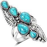 Vintage Turquoise Flower Leaf Statement Ring for Women Girls Oxidized Silver Plated Black CZ Boho Filigree Wide Band Finger Rings Comfort Fit Bohemian Indian Bollywood Wedding Birthday Retro Jewelry Size 8