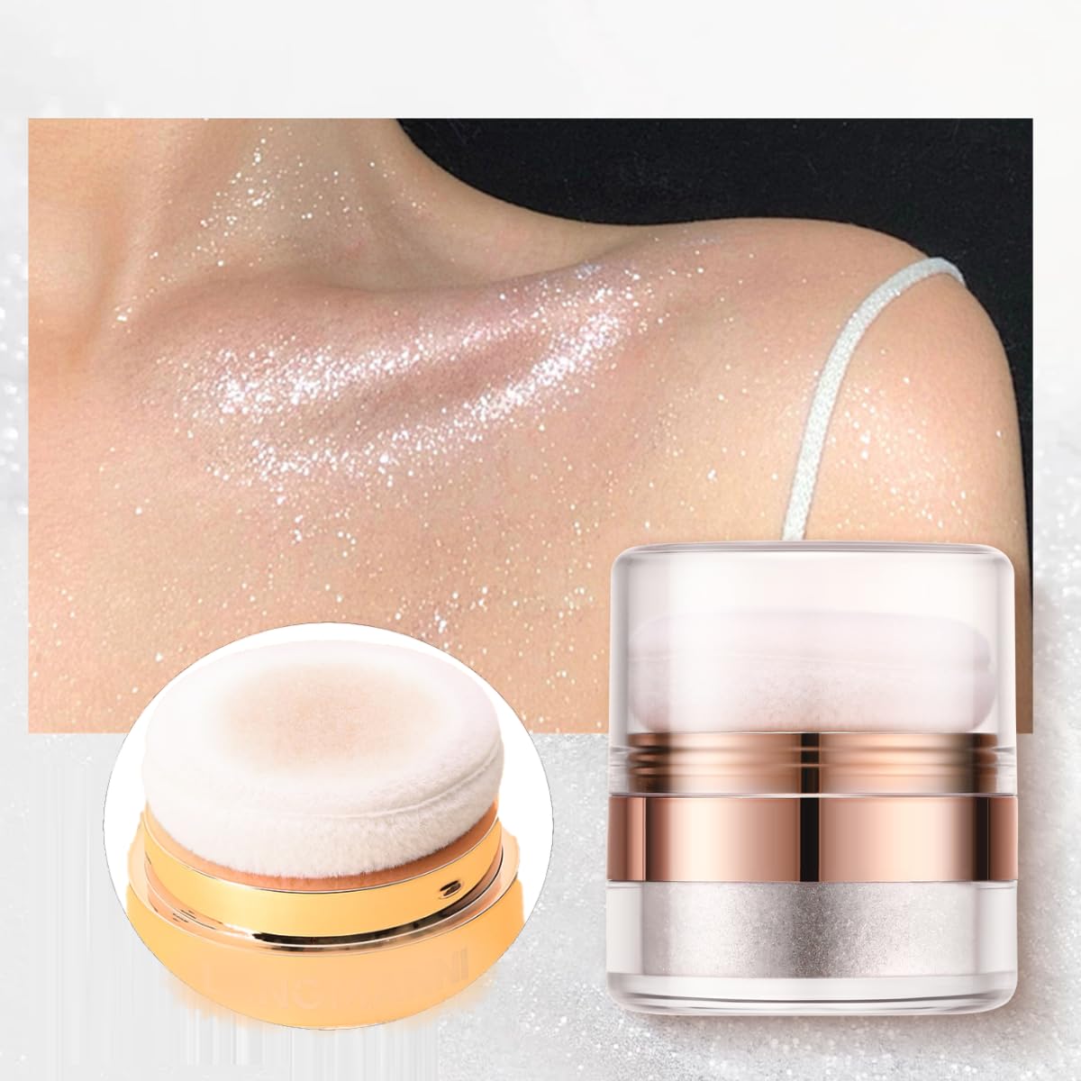 KARLOR Body Highlighter Powder with Applicator, Glitter Glow Face & Body Illuminator with Sponge for Cheek, Legs (01#)