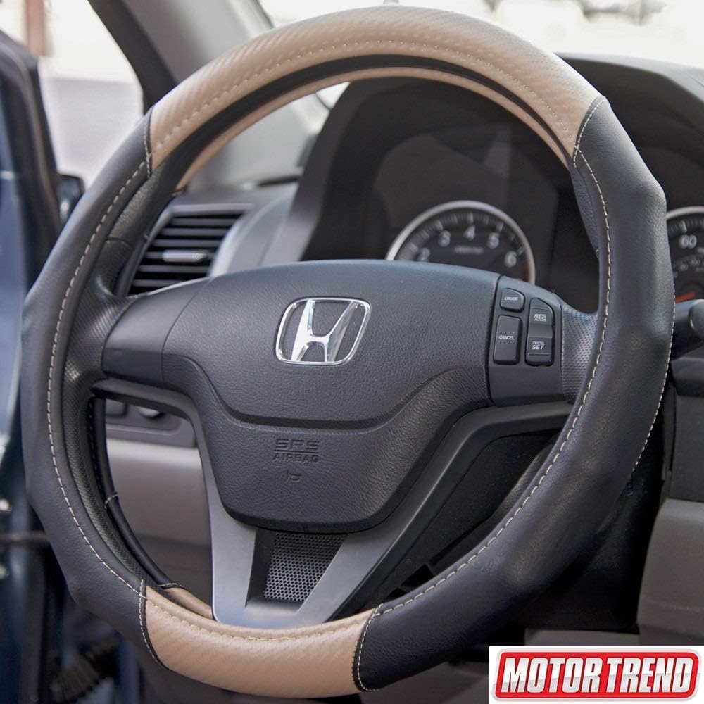 BDK SW-712-BG Beige Motor Trend GripDrive Carbon Fiber Cover &ndash; Universal Fit with Microfiber Leather for Steering Wheel