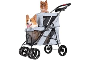 ibiyaya - Double Dog Stroller for Small Dogs and Medium Dogs and Cats - Double Pet Stroller, Lightweight and Foldable with Mesh Windows, Extra Space for Second Pet or Storage - Gray