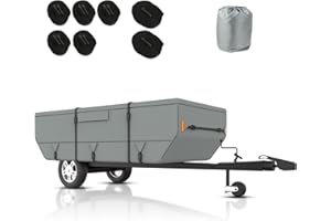 Tuszom 7 Layers Pop Up Camper Cover 8'-16'L, Waterproof Folding Camping Trailer Cover for Winter Snow Upgraded Tearproof RV Cover with 5+2 Windproof Straps (Gray, Fits 12' - 14')