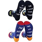 ReJiechu 2 Pairs 30th Birthday Socks for Men Women, Stitched Funny Socks, Fun Novelty Gifts for Mom Dad