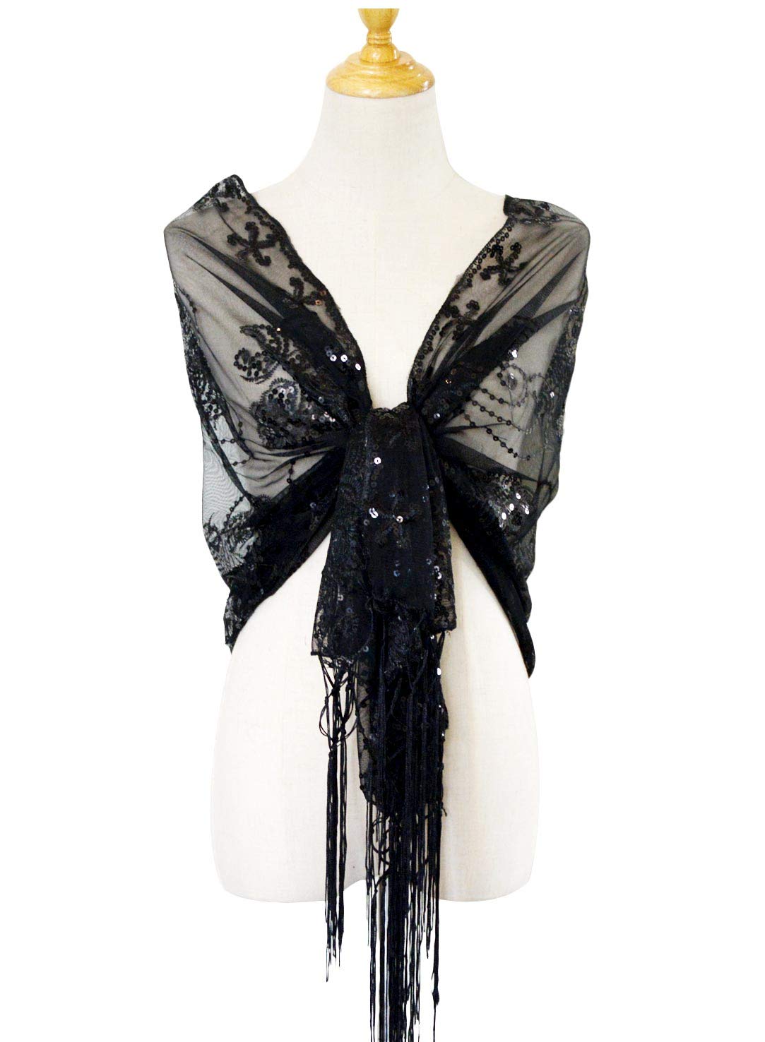 Zakia Women's sequined shirt mesh scarf 1920s Cape fringed evening dress shiny shawl shrug wedding party Zakia Women's sequined shirt mesh scarf 1920s Cape fringed evening dress shiny shawl shrug wedding party